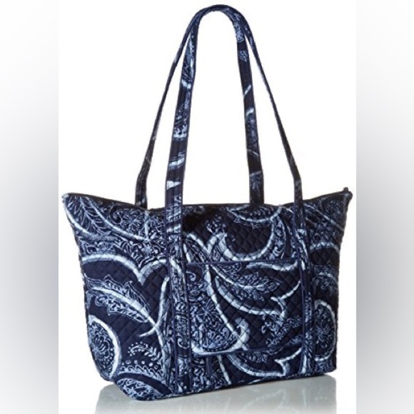 Vera Bradley Iconic Tote in Indigo Quilted Cotton Blue Paisley Polka Dot Lining - Picture 14 of 14